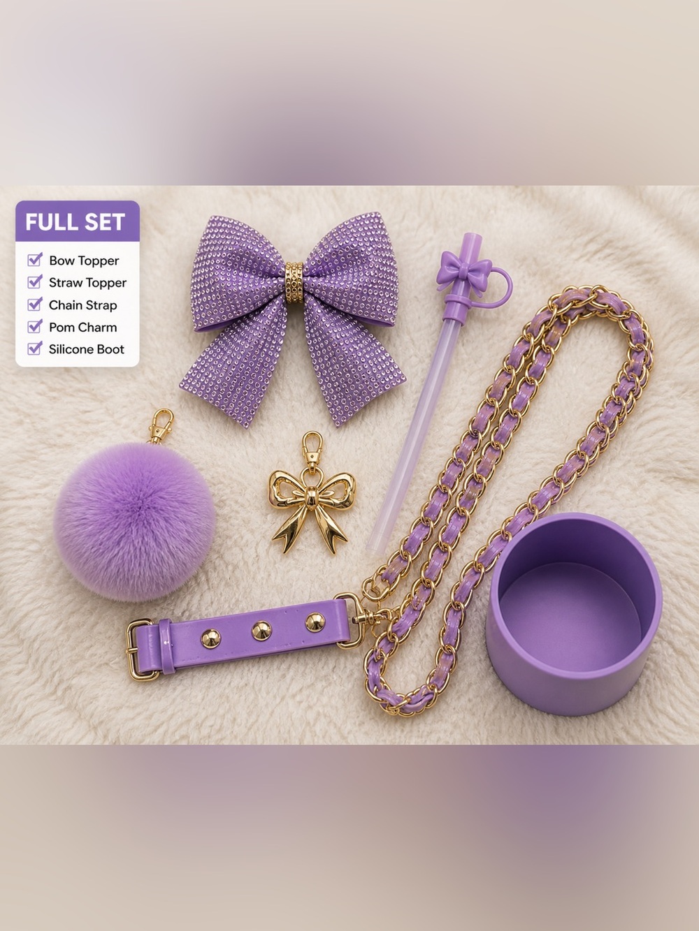 Lavender Bow Charm & Pom Pom Accessory Set with Gold Accents